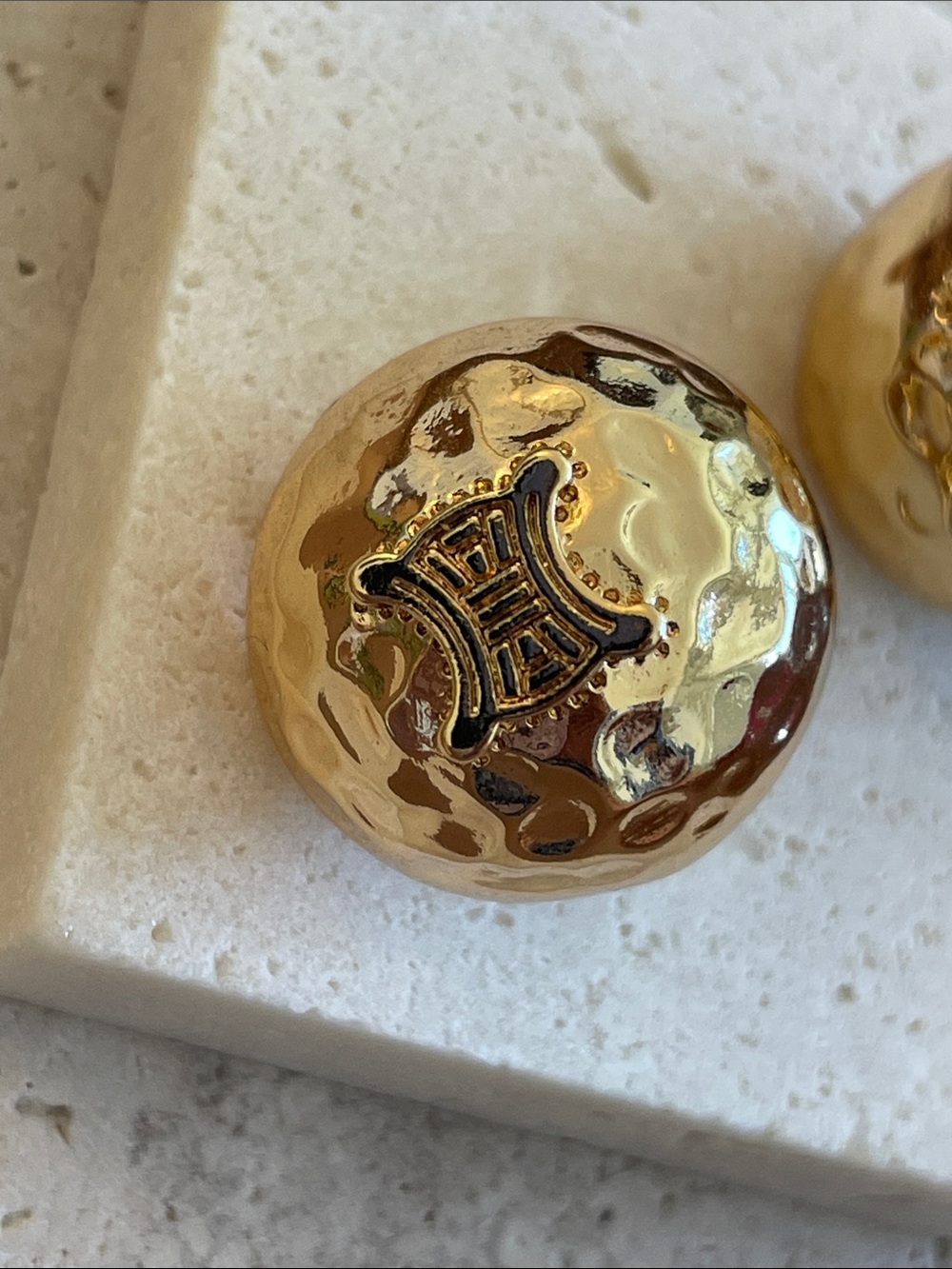 Celine Hammered Dome Logo Gold Clip-On Earrings - Picture 2 of 5